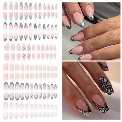 1 Set Wearable False Nails DIY Nail Art Kit with Glue & Nail File Press-on Nails Waterproof Gel Fake Nails Full Cover French Tips