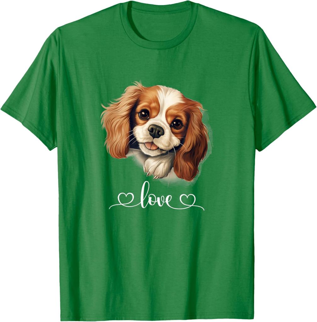 Cavalier King Charles Spaniel Dog Love Graphic Print Cotton T-Shirt Casual Round Neck Tee