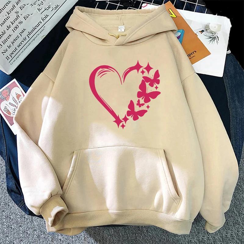 Love and Butterfly Pattern Hoodie Autumn Winter Women Casual Fashion Hip Hop Street Hoodies Simple Fleece O-Neck Sweatshirts