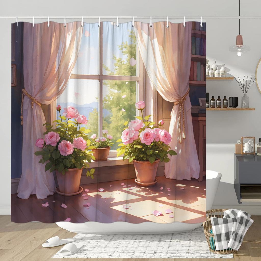 1pc Rose Shower Curtain - Sunlit Window, Pink Roses, Romantic Serene Design, Polyester, 70.8x70.8",  Modern Bathroom Decor