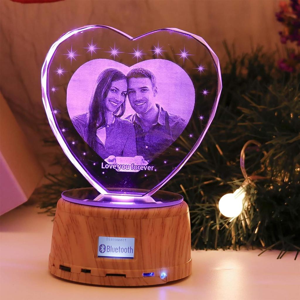 Personalized Heart Night Light 3D Crystal Lamp Custom Photo Picture Engraved Led Light 7 Color with Music Wood Base Personalized Gift for Women