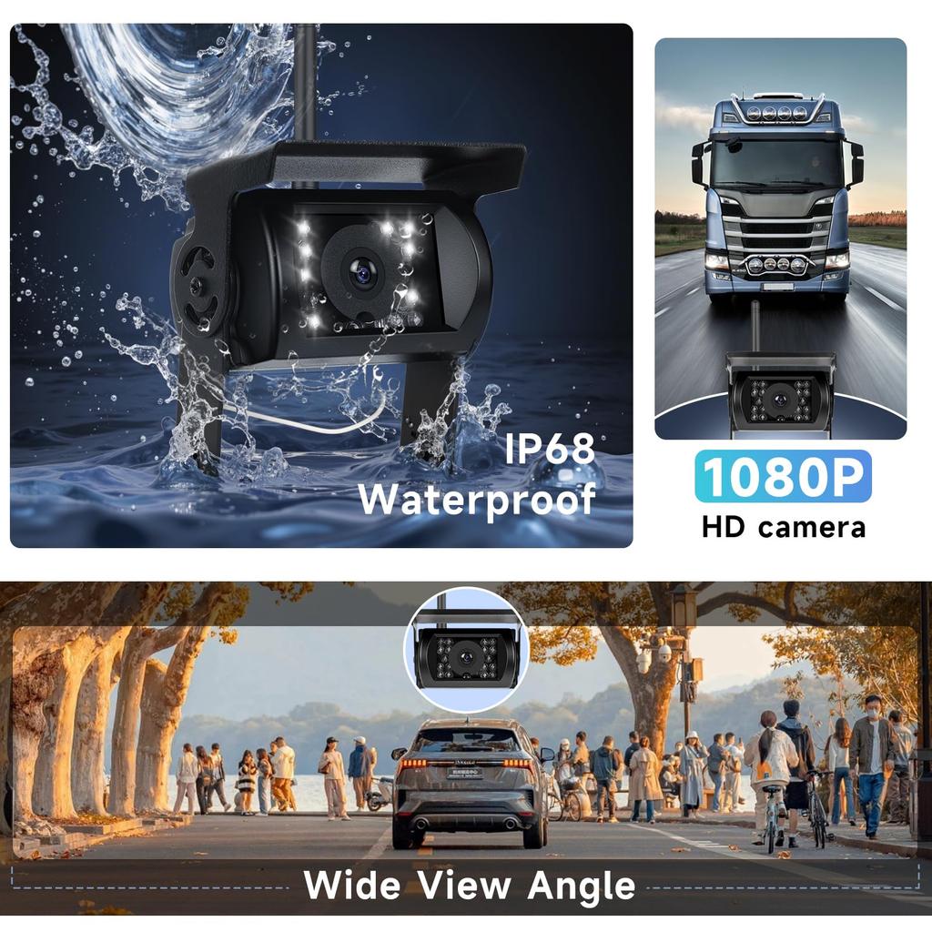 Diese kabellose Rückfahrkamera verfügt über zwei IP68 wasserdichte Nächte und ist geeignet für und Sie arbeitet mit 12V bis 7-Zoll-Monitoren, Schutzart, ultrahell