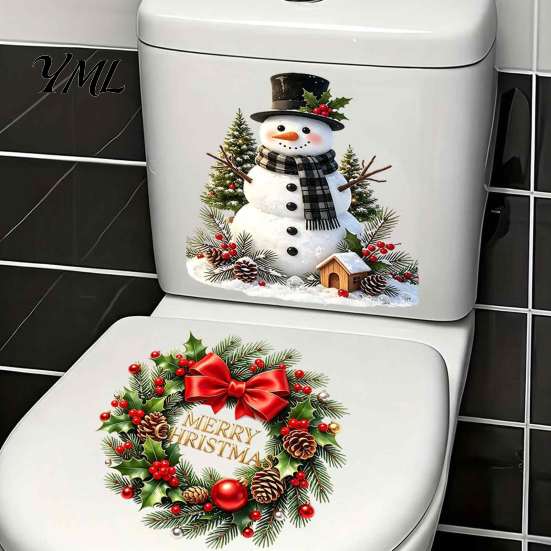 Holiday Home Decoration Decal Christmas Snowman Wreath Toilet Sticker, Peel And Stick Bathroom Decor Removable Cover Decal, Waterproof Lid Wall