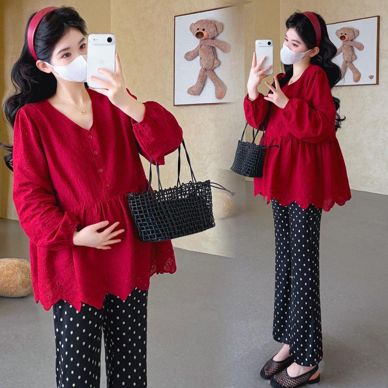 2026 Spring Korean V-neck Lace Embroidered Sweet Doll Top for Pregnant Women 2XL