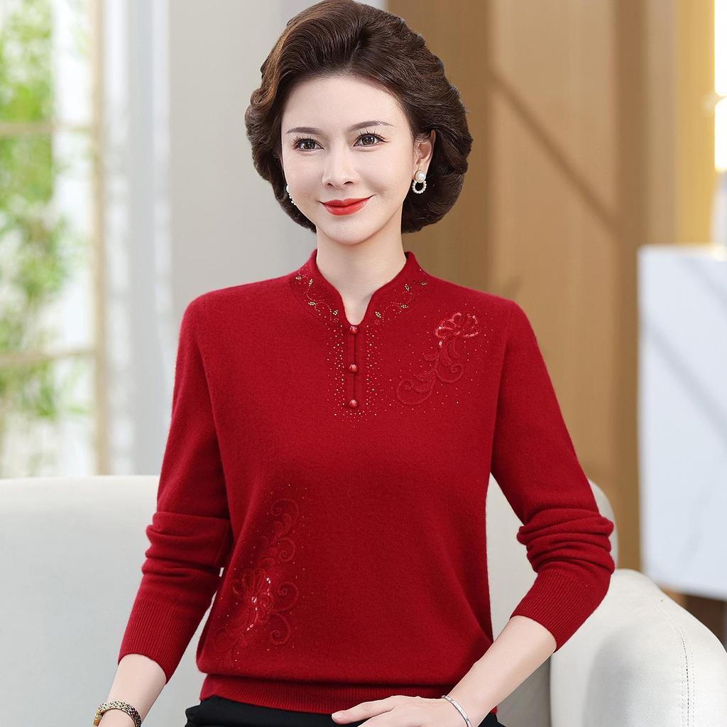 Benmingnian Red Wool Sweater for Middle-Aged Women - Plus Size Autumn/Winter Fashion Pullover