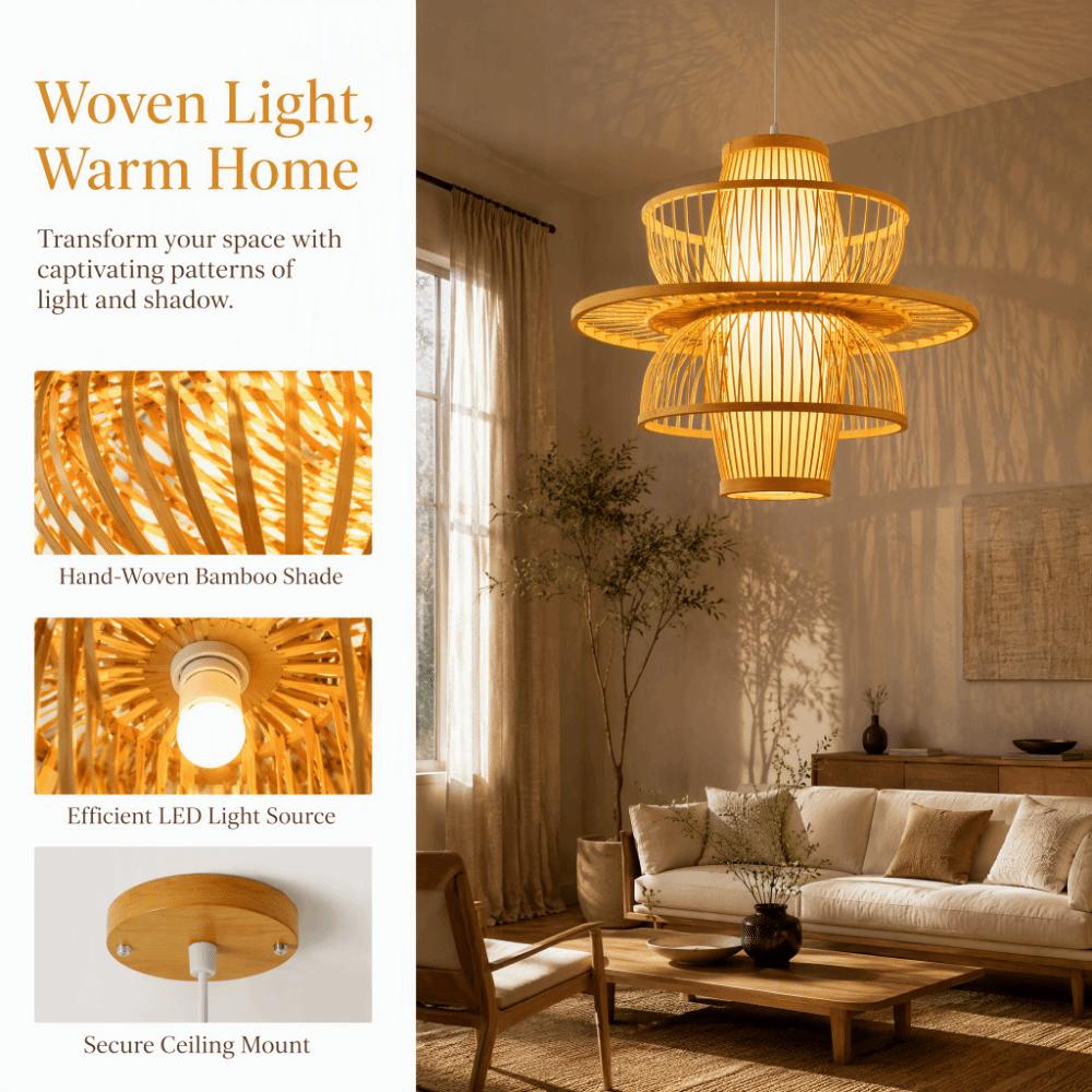 Woven Rattan Pendant Lamp Hand Knitted Ceiling Light Rural Handmade Wicker Chandelier Bedroom