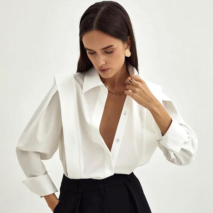 Autumn New Style Right-Angle Shoulder White Shirt Women'S Fashion European And American Commuting Elegant Design Sense Niche Long Sleeve Shirt Top