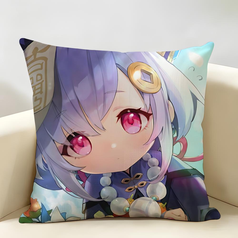 Qiqi Cute Genshin Impact Cushion Cover Natural Linen Organic Fabric DoubleSided Printing Room Sofa Decor Pillow Case