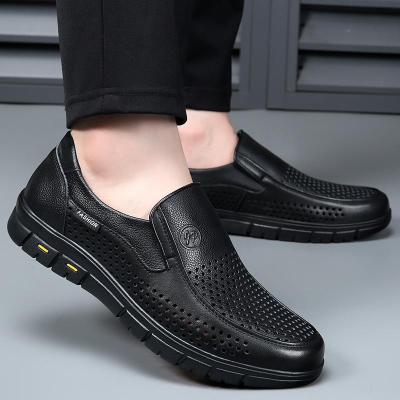 Men's shoes summer soft-soled breathable hollow dress cool leather shoes men's genuine leather business leisure hole middle old dad shoes