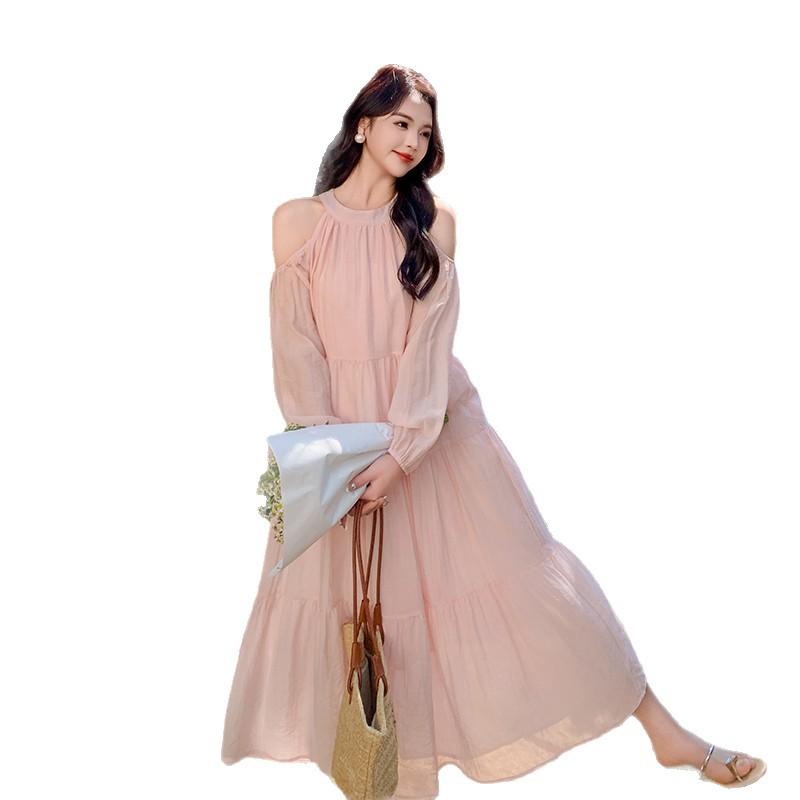 Light blue seaside vacation dress women's spring and summer new models are popular today, beautiful and sweet off-the-shoulder fairy skirt