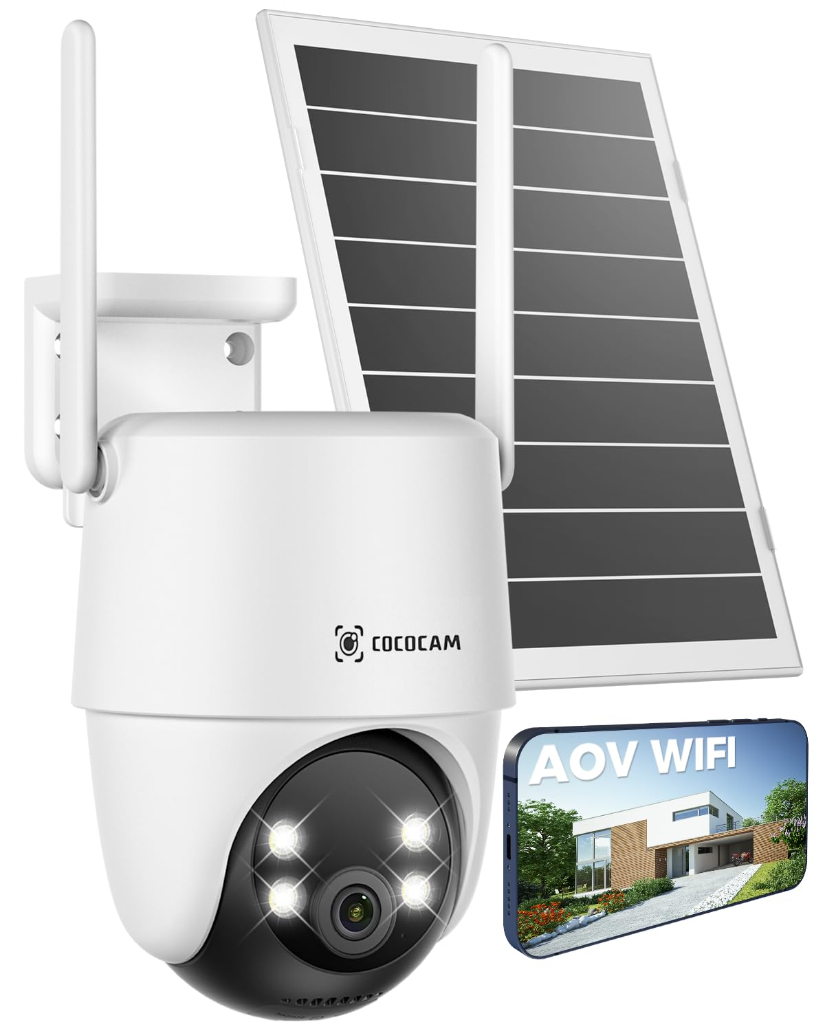 

COCOCAM Recording Security Outdoor Solar 10000mAh Solar 2K 30m Night AI AI Audio 24/7 Camera, Powered, AOV, WiFi, Wireless, 8W, Panel, PTZ, Vision,