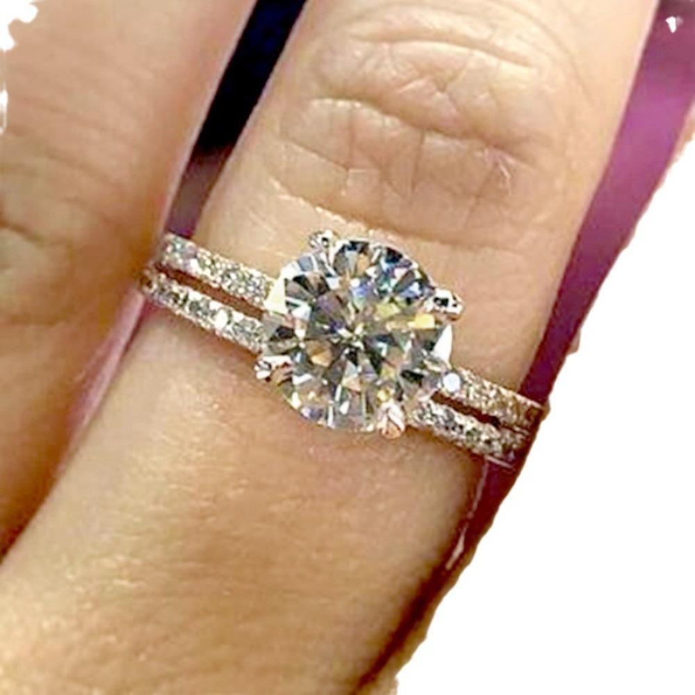 2pcs Set Classic Trendy Four Claws Double Layer Fold Wear Zircon Rings for Women Luxury Crystal Bride Wending Jewelry Set Gifts
