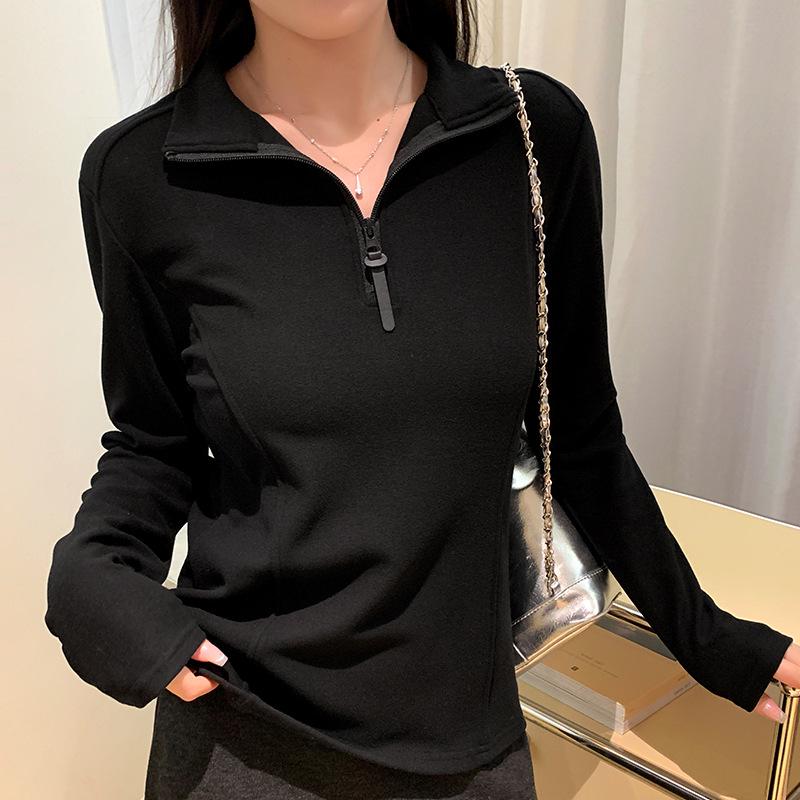 Korean Plush Velvet Long-Sleeve Half-Zip Stand Collar Women s T-Shirt Soft Fluffy 2026 Spring Arrival Large чёрный 2230₽