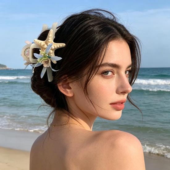 Hair Claw Starfish Artificial Flower Decor Anti-Slip Design Hair Clip Back Head Shark Hair Claw Holiday Travel Beach Hair Accessory