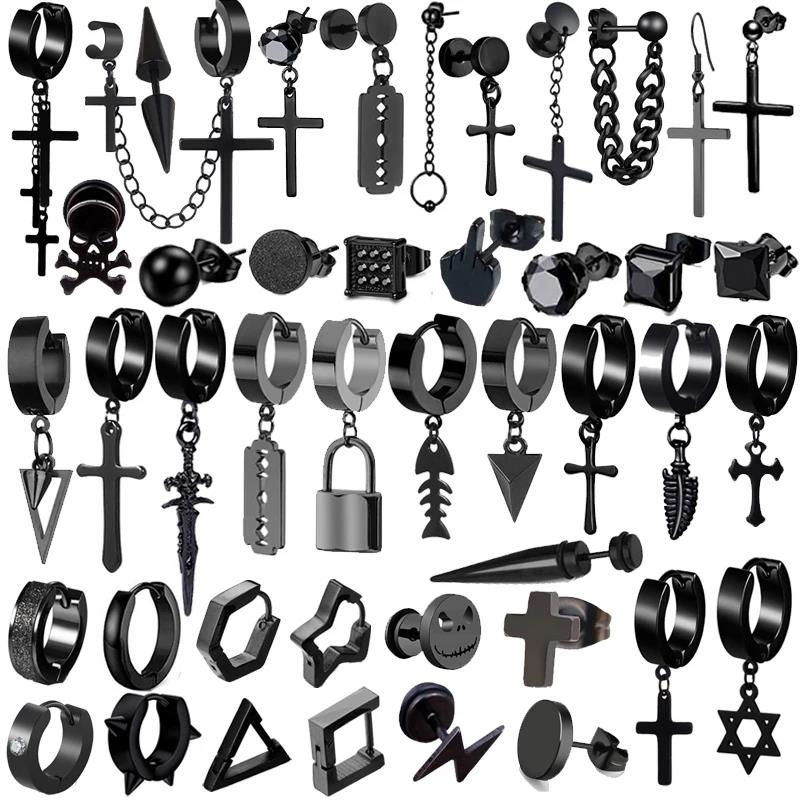 1 Pair 50 Different Types Shape Unisex Black Color Stainless Steel Piercing Earring For Women Men Punk Gothic Barbell Earring
