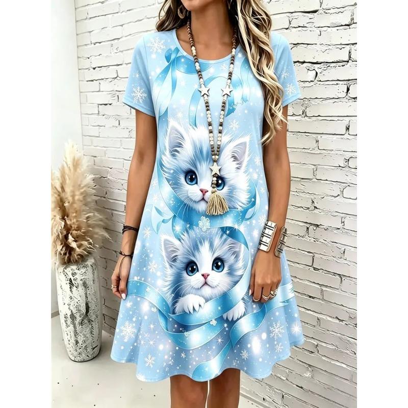 Women Abstract Geometric 3D Cartoon Print Dress O Neck Short Sleeve Loose Casual Mini Dress Summer Daily Outfit Dresses