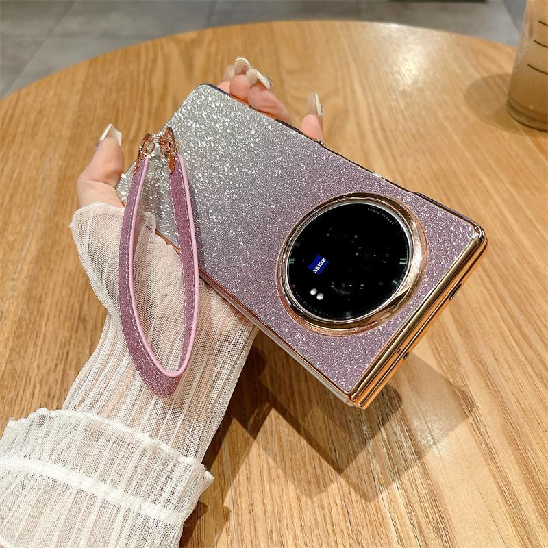 For vivo X Fold3 Case Hard PC Bling Glitter Phone Cover with Wrist Strap