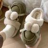 New Hairy Double Ball Bow Home Cotton Slippers Winter Indoor Velvet Warm Non-slip Slippers Can Be Worn Outside