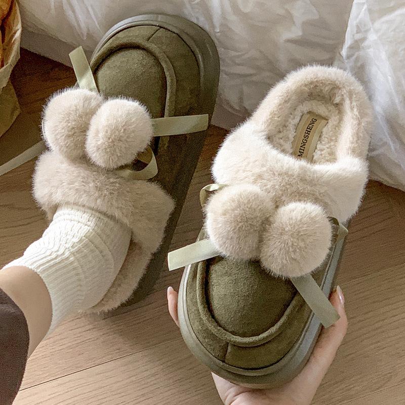New Hairy Double Ball Bow Home Cotton Slippers Winter Indoor Velvet Warm Non-slip Slippers Can Be Worn Outside
