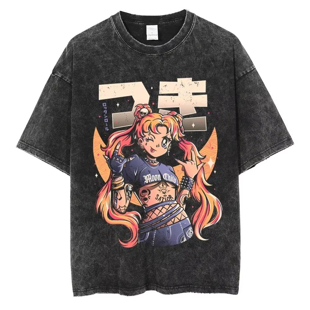 MINISO Maglietta Lavata Stampata Anime Sailor Moon Estate Nuova Cotone Uomo e Donna Larga Casual Retro Trendy Manica Corta Top