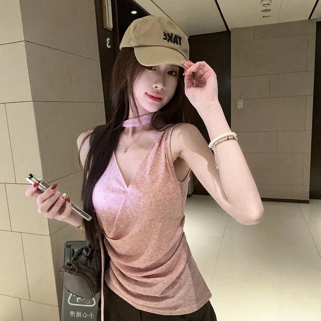 Irregular streamer sling vest women's summer wear beautiful back French pink high-end sleeveless neck top