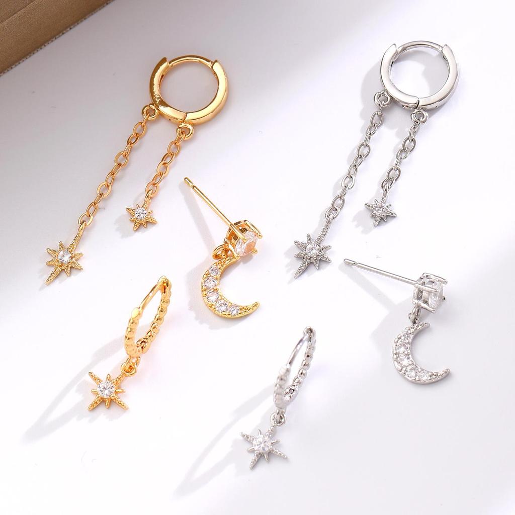 Modne zaawansowane uczucie gwiazdy księżyc asymetryczne imitacja cyrkonii kolczyki dla kobiet trzyczęściowy zestaw