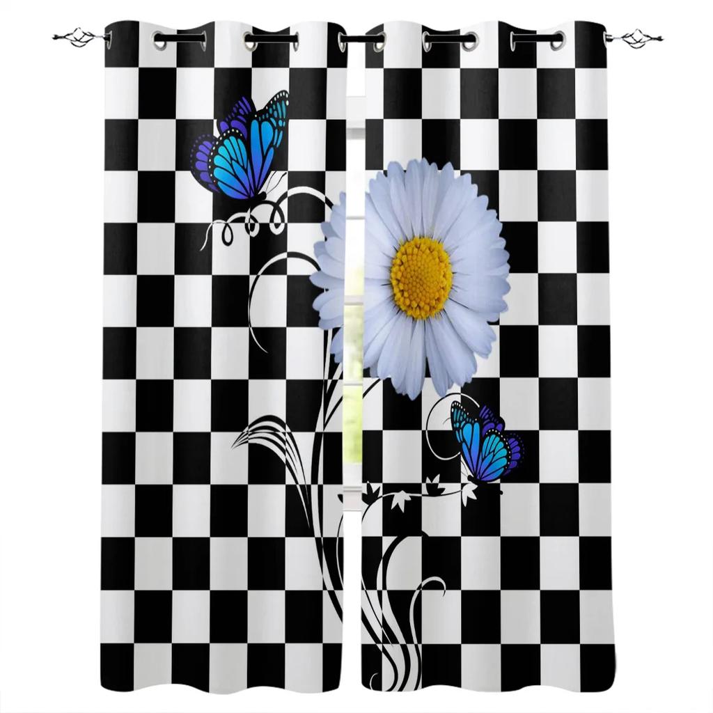 Bedroom Kitchen Curtain White Daisy Flower Waterdrops Window Black Curtains Curtains for Living Room Decorative Items Cortinas