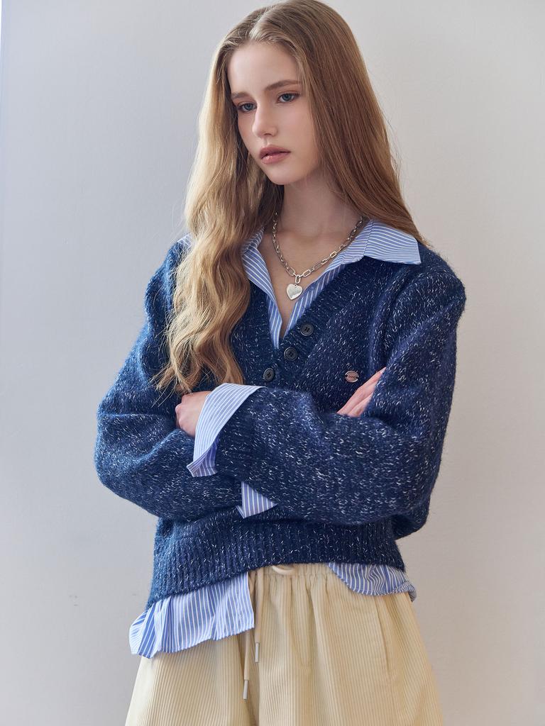 MAXZA Striped Shirt Layered V-Neck Knit