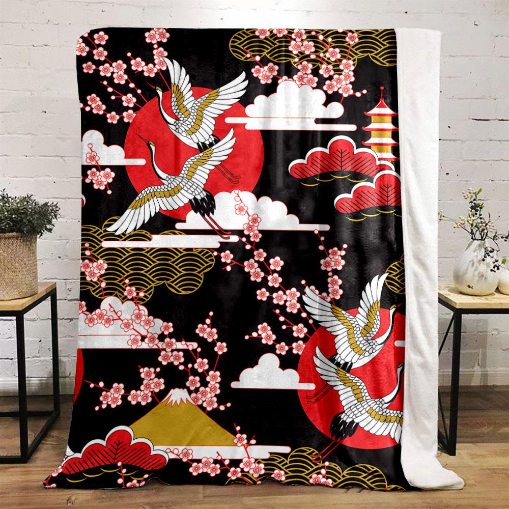 Japanese Style Crane Cherry Blossom Blanket bedroom Blanket for Livingroom Couch lunch break Soft throw for Friend's festival Gift