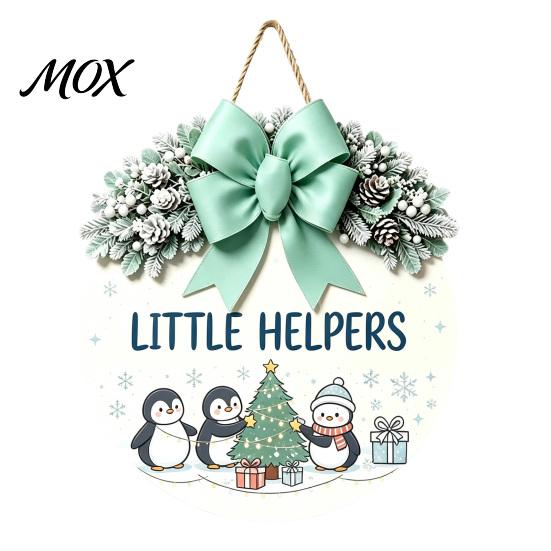 Festive Home Decoration Christmas Wooden Welcome Sign for Front Door, Round Hanging Ornament with Rustic Winter Wreath Artificial Pine Branches & Bow