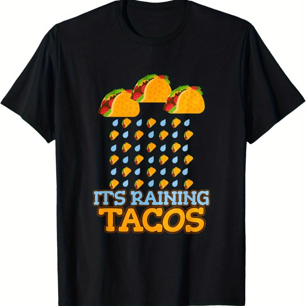 Mens Funny Mexican Food Graphic TShirt Its Raining Tacos Design with Taco Rain Clouds Sombrero