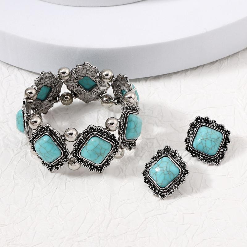 New Fashion Boho Turquoises Ear Studs Elastic Bracelet Bangle For Women Ethnic Vintage Bohemian Party Jewelry Gift