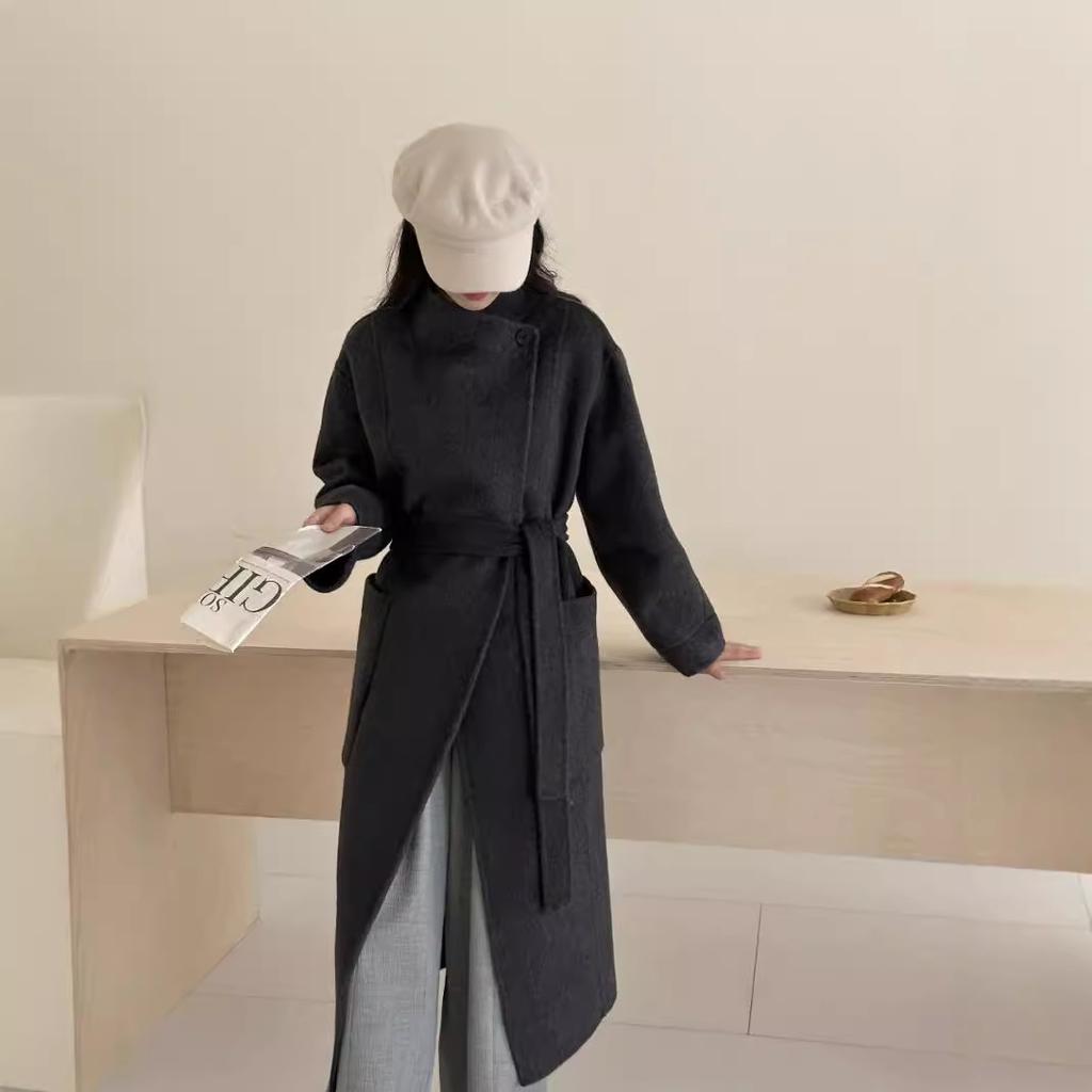 Lace-up Waist Micro Stand-up Collar Double-sided Cashmere Coat Women's New Light Luxury Loose Casual Minimalist Woolen Coat