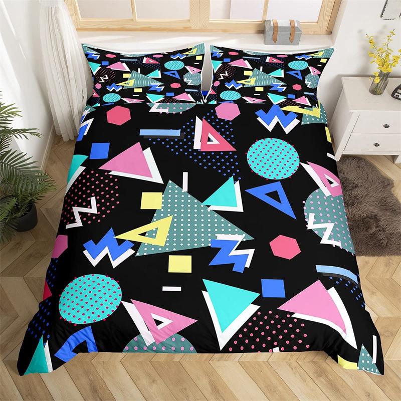 Psychedelic 3D Geometric Duvet Cover Microfiber Colorful Pop Abstract Art Comforter Cover Retro 80s Style Bedding Set Queen Size