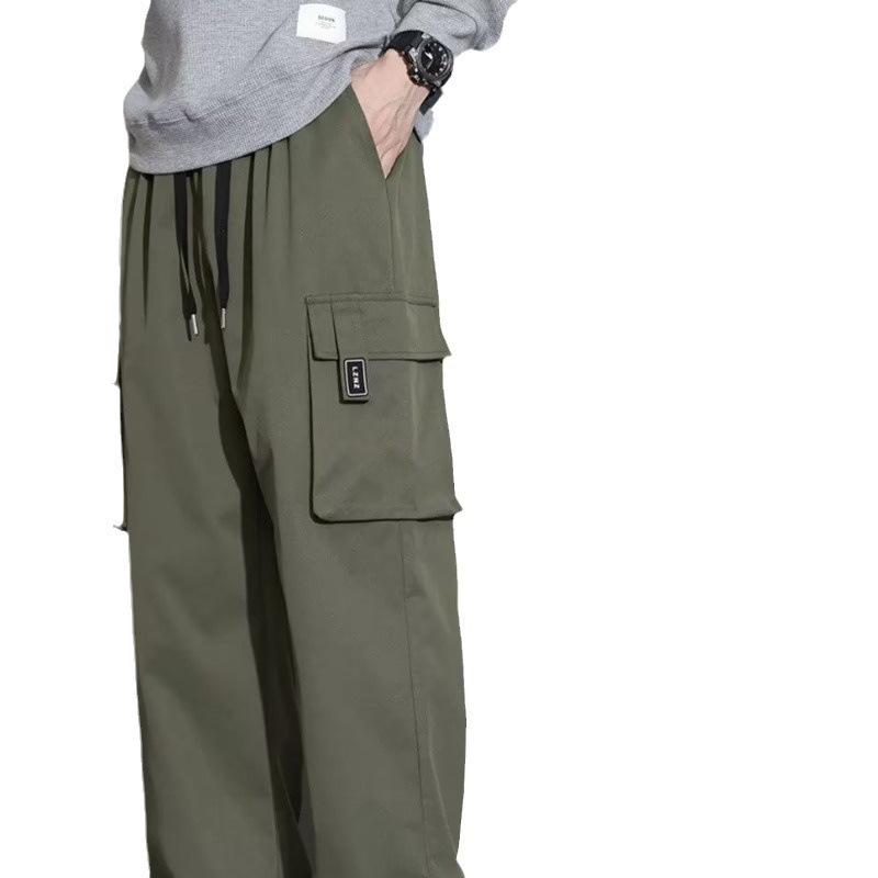 Spodnie cargo w stylu amerykańskim, zielone, luźne, proste, męskie, długie, codzienne, młodzieżowe