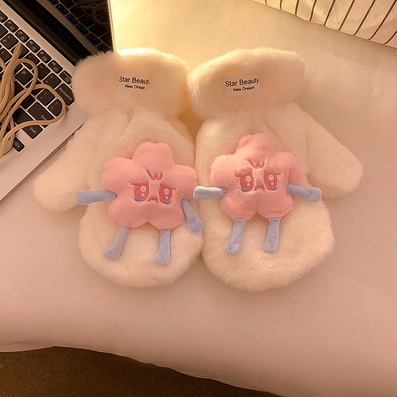 Cute cartoon star gloves girl heart thickened fluffy plush warm finger driving scarf