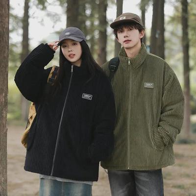 2024 Men's & Couple's Thick Windproof Corduroy Cotton Coat: American Retro, Cold-Resistant, Stand-Up Collar for Autumn/Winter.