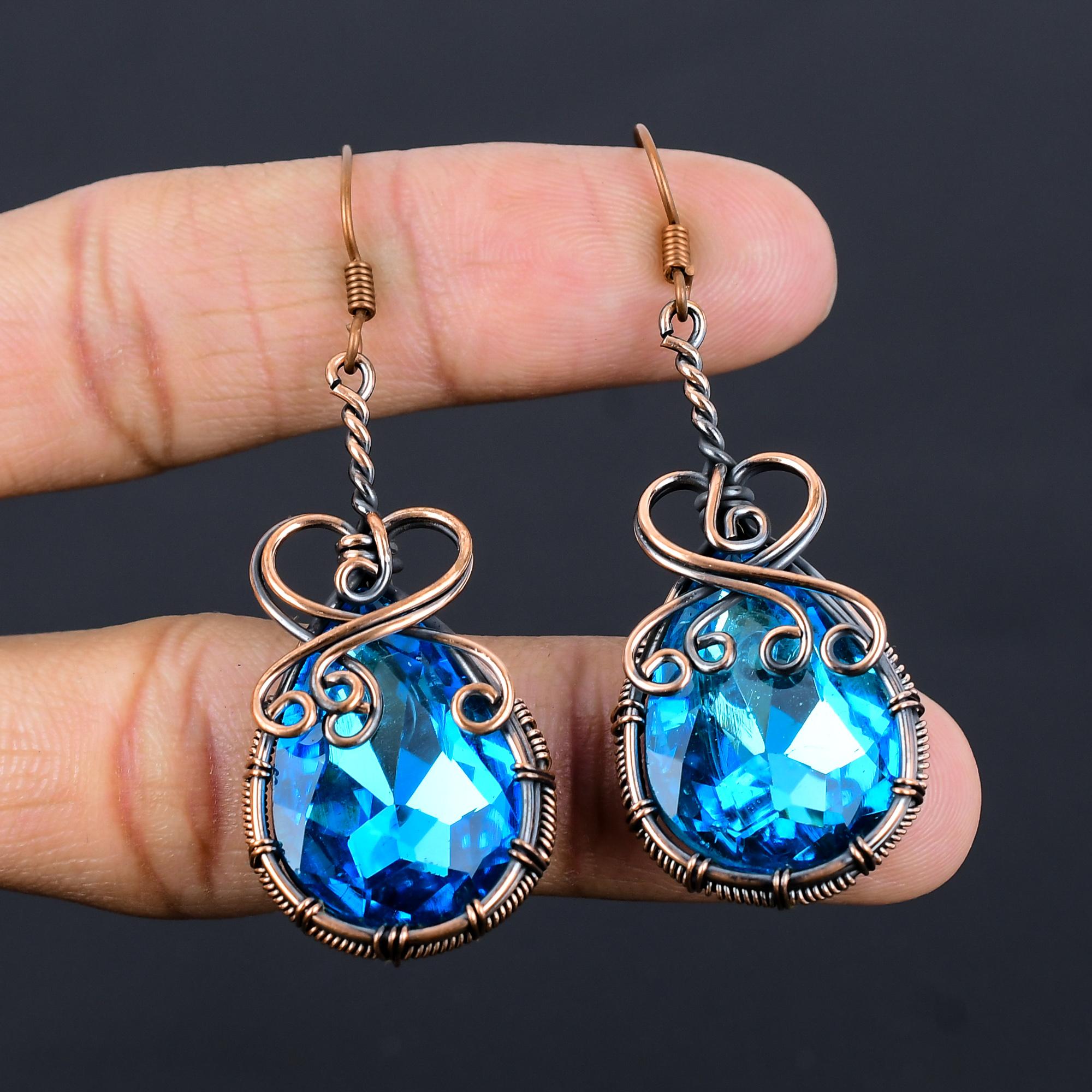 

Серьги с голубым топазом, Ювелирные изделия из драгоценных камней, обернутые медной проволокой 999 пробы, Серьги ручной работы, На День благодарения 2.55 Inches