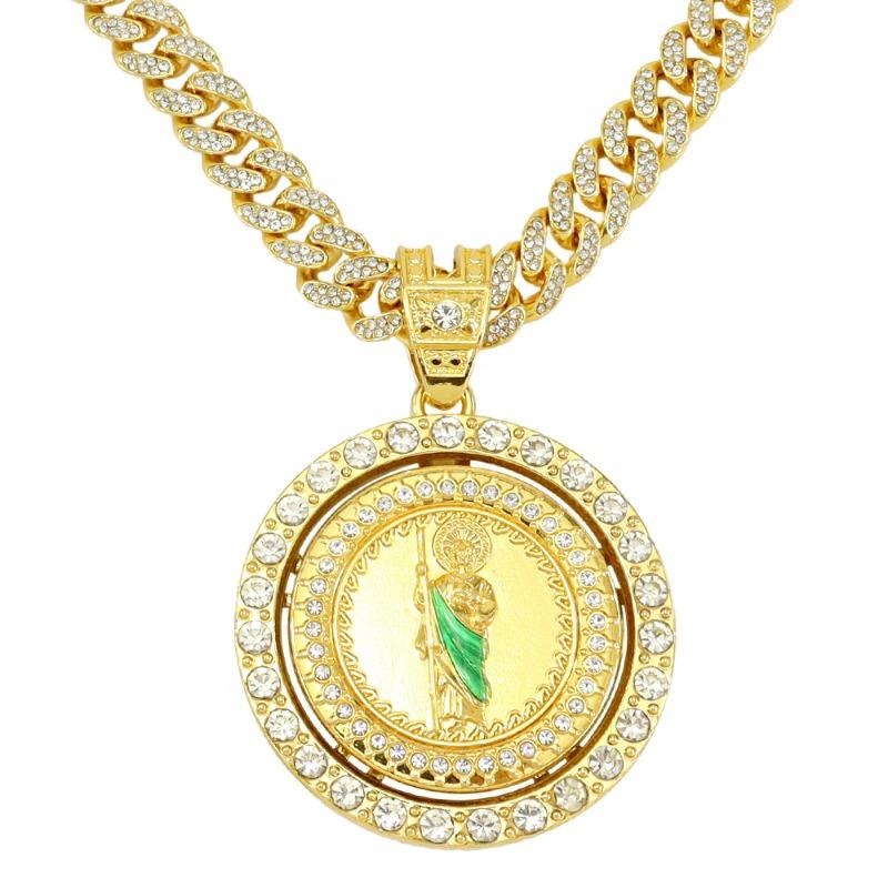 Hip Hop Tide Men's and Women's Diamonds Rotatable Religious St. Jude Statue Pendant Cuban Chain Necklace Accessories
