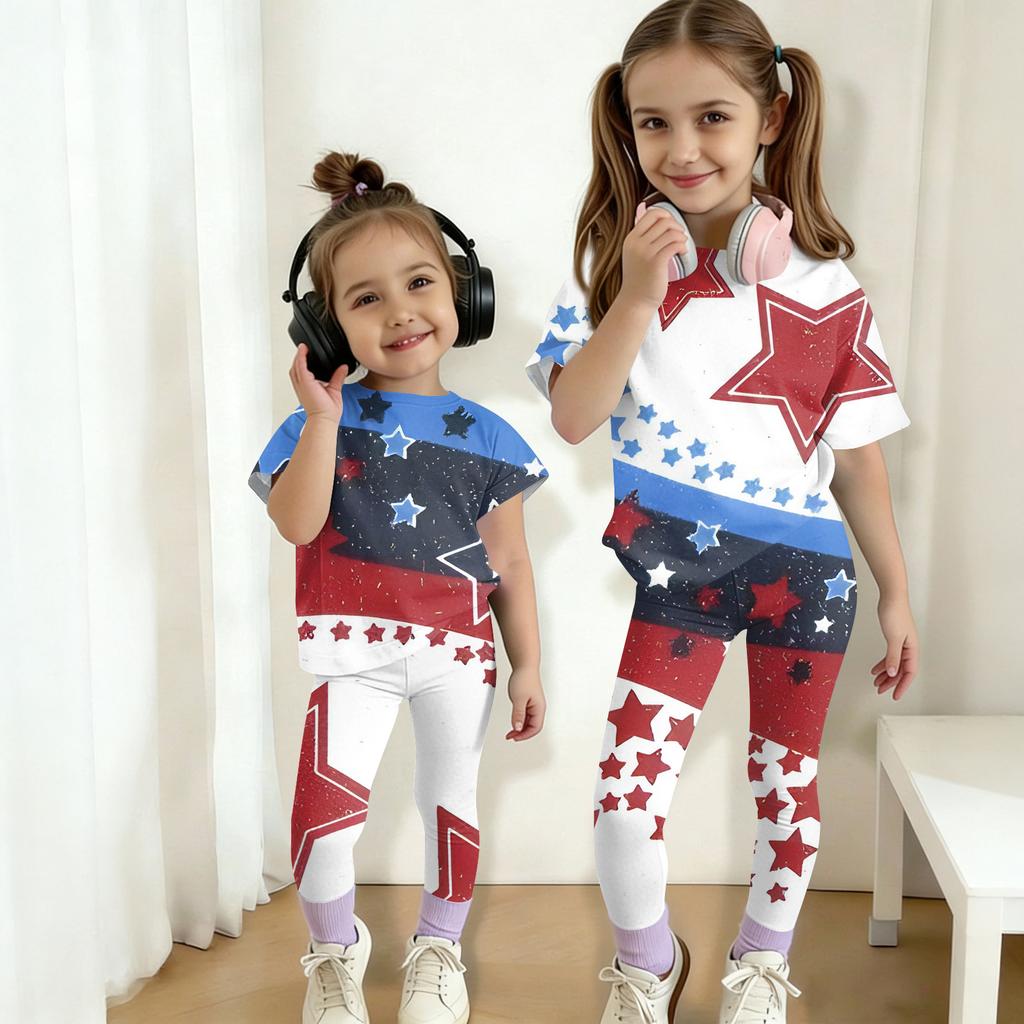 Boys And Girls Independence Day Print Set Kids Casual Short Sleeve Top And Long Pants Set