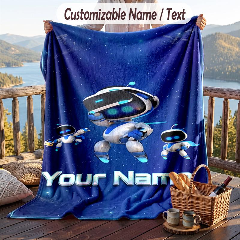 Astro Bot Flannel Blanket, Personalized Custom Name Text, Soft Warm Plush Throw Blanket For Gift