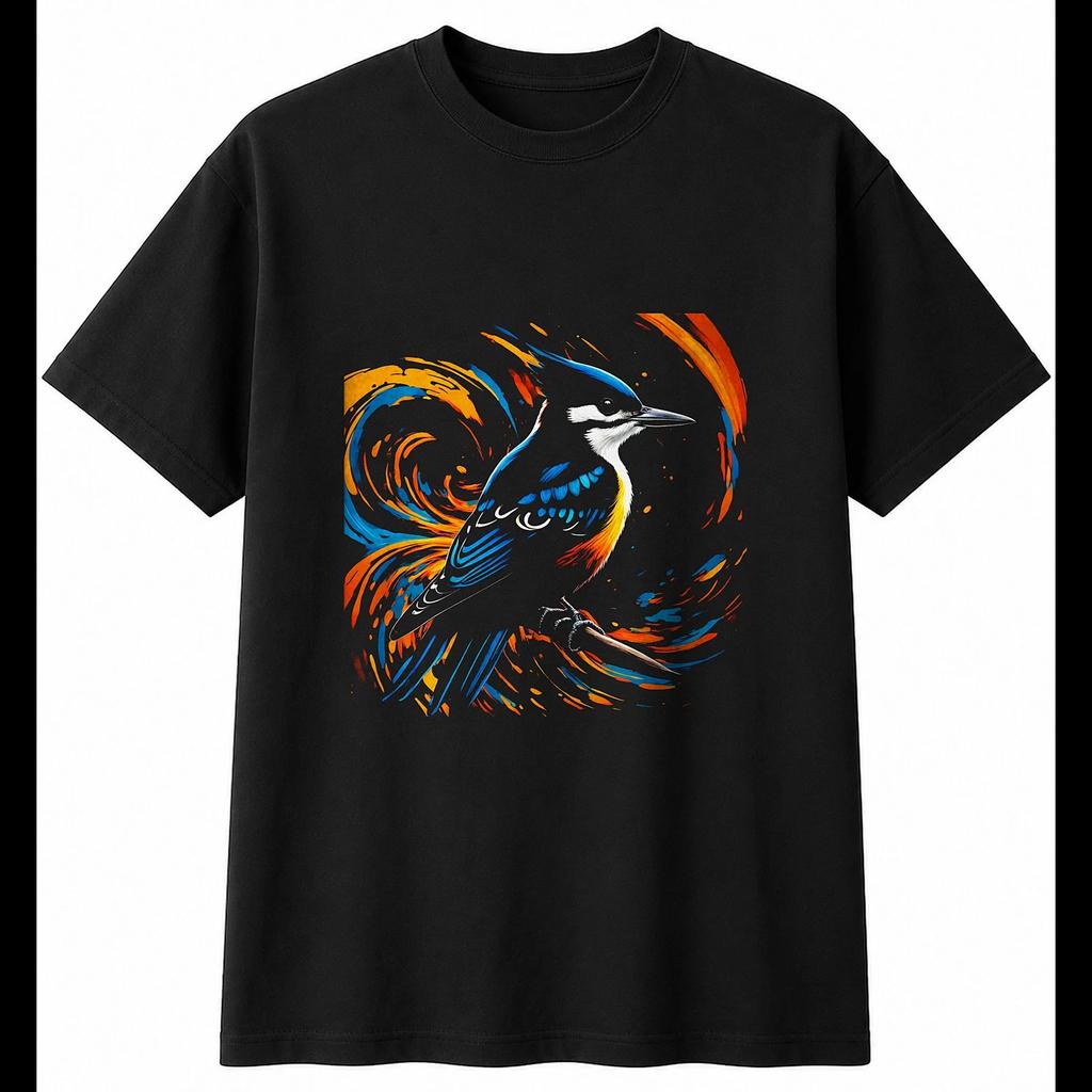 Psychedelic Woodpecker In a Storm Mens T-Shirt Bird Black 100% Cotton Printed
