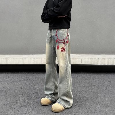 Męskie spłowiałe, postarzane jeansy z szerokimi nogawkami, z haftem, średnio wysokie, prosty krój, styl vintage streetwear