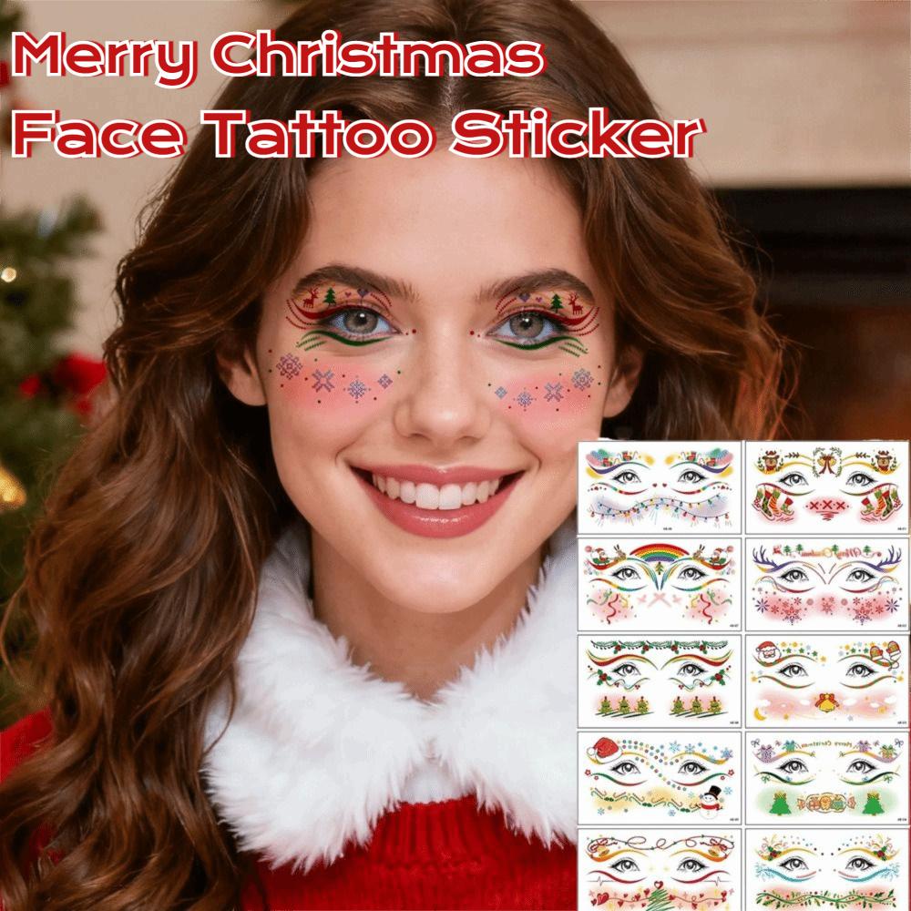 10Pcs Santa Claus Christmas Face Tattoo Sticker Elk Face Art Xmas Party Face Decals DIY Waterproof Face Makeup Patch