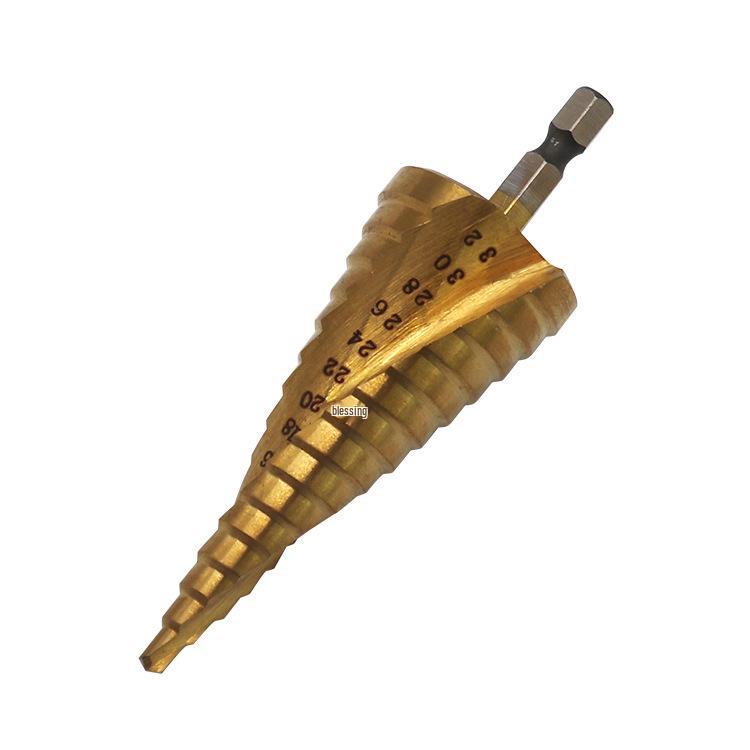 Titanium-Plated Spiral Groove Step Drill Bit Set (4-32mm, 4-20mm, 4-12mm) - Hex Shank Hole Expander