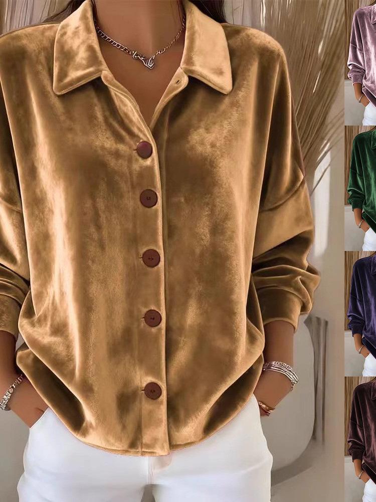 Women's Velvet Irt Long Sve Button Up Collar Casual Loose Fit Faionable Ele Sle Polyester Fiber Winter Season