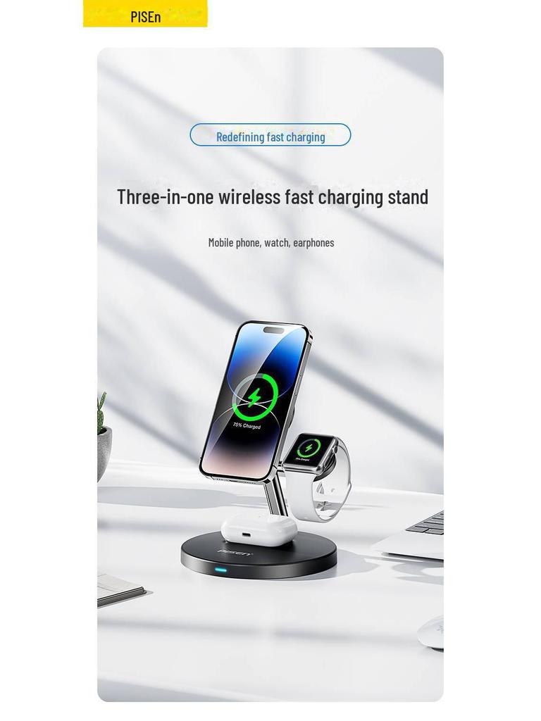 PISEN 15W MagSafe 3-in-1 Wireless Charger for Phone, Watch, and Earphones with Lazy Bracket