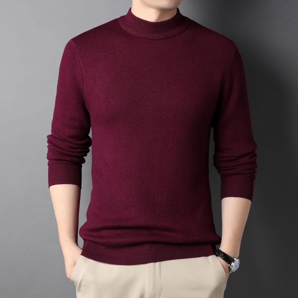 Douyin Men's Slim Fit Solid Color Sweater - Half High Collar, Spring/Autumn Base Layer