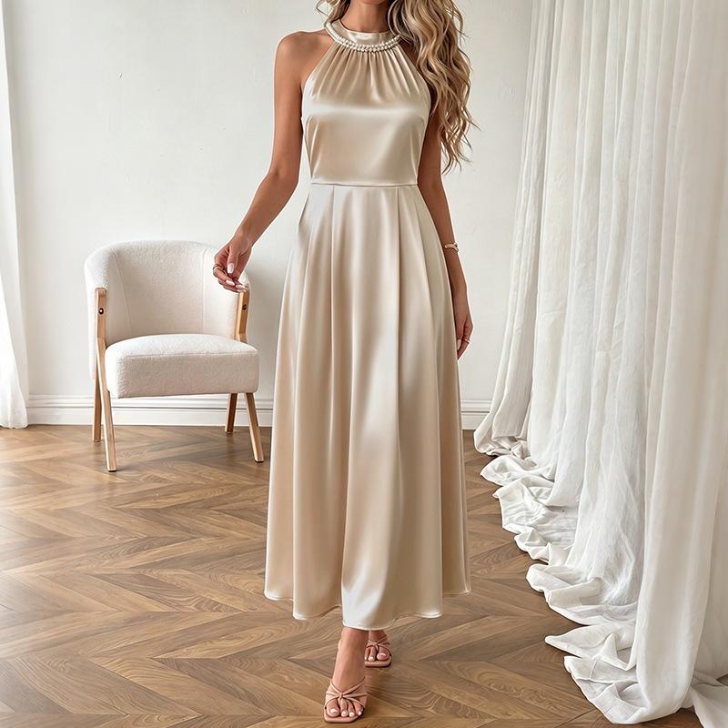 Spring and summer new satin temperament elegant dress European and American sleeveless neck dress women S