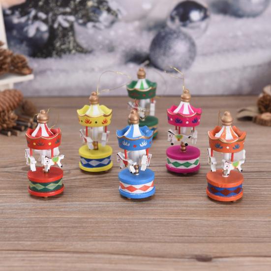 6Pcs Wooden Carousel Christmas Ornament Xmas Tree Hand-painted Merry-Go-Round Hanging Decoration Home Office Holiday Party Pendant